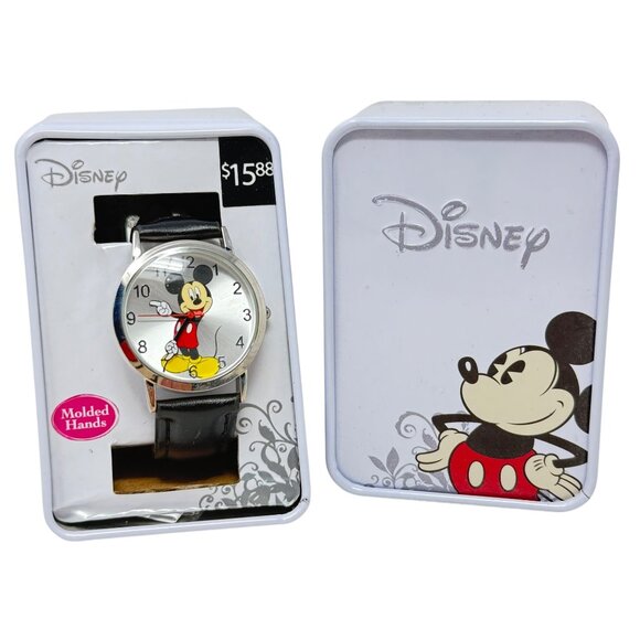 Disney Accessories - NIB Mickey Mouse 90th Anniversary Watch Silver Face Round Faux Leather Band